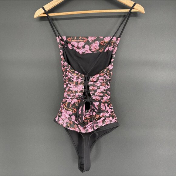 Free People Womens Ruched Butterfly Print Bodysuit XS Black Pink Going Out Top - Picture 2 of 6